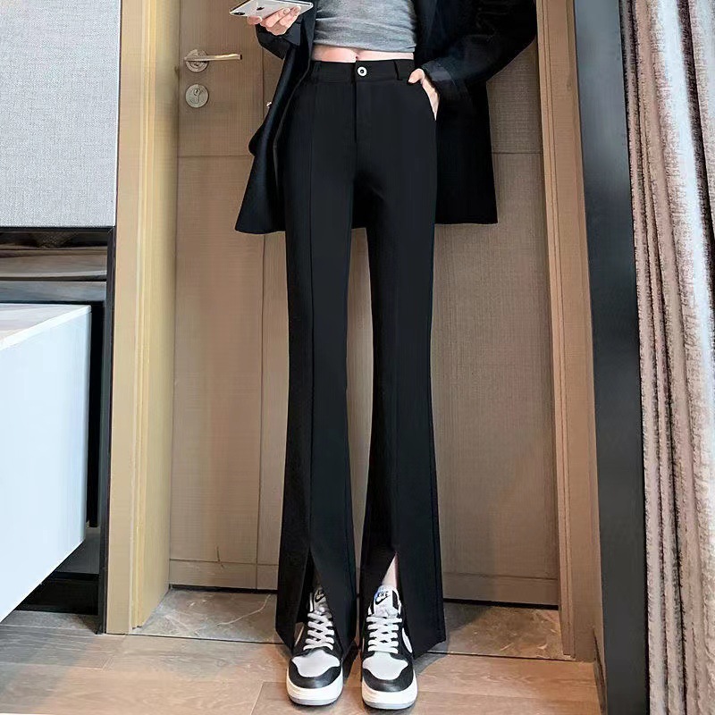 Korean-style straight-leg slimming wide-leg pants for women, black slit slightly flared floor-length pants, high-waisted suit pants, and women's dress pants