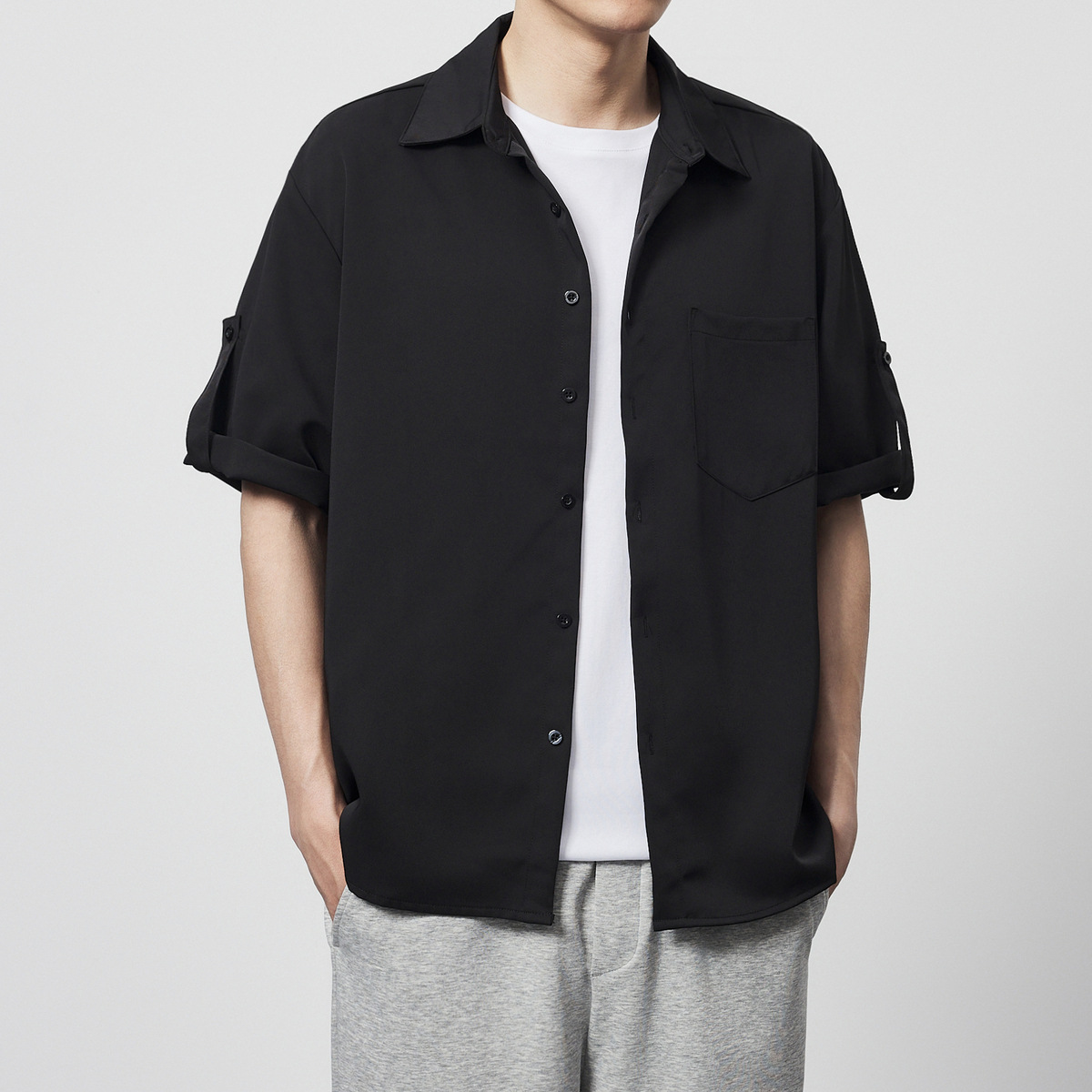 Momeck simple basic solid color short-sleeved shirt for men 2024 Summer new style loose twill men's shirt 50249 details Picture