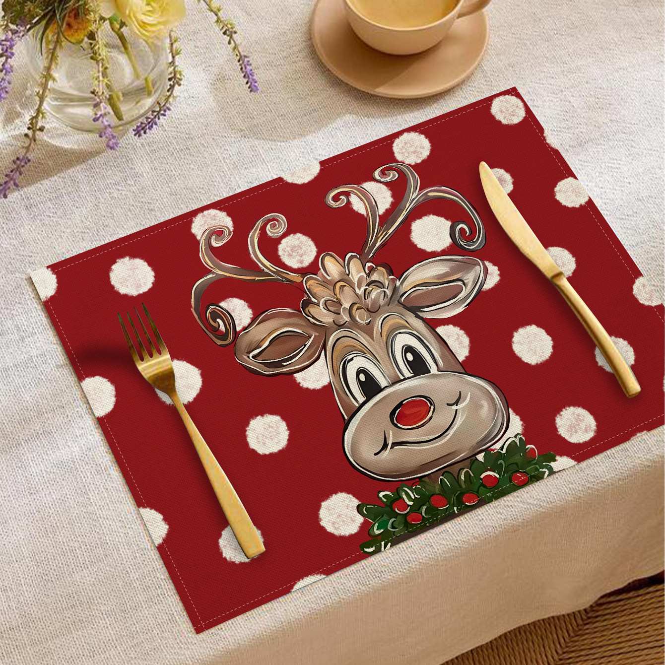 亚马逊爆款圣诞节餐垫餐厅氛围布置桌垫亚麻印花隔热垫西餐垫批发