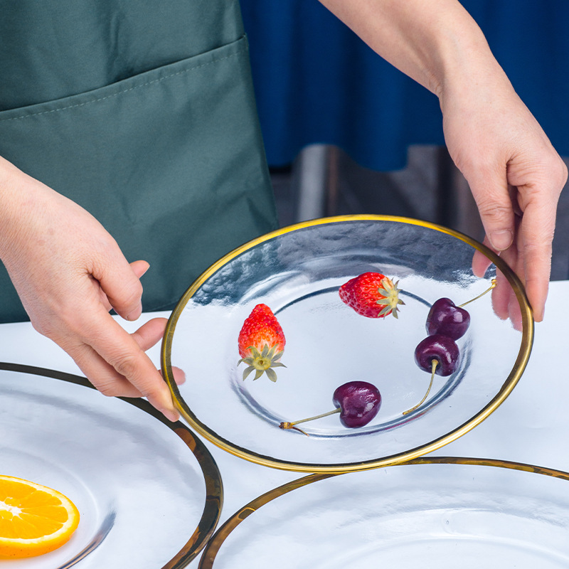 Creative gold-edge glass bowls, plates and saucers set, household transparent fruit salad bowls and plates, restaurant steak plates and base plates wholesale Specification image