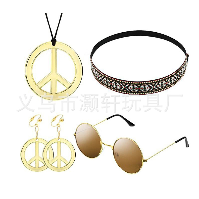 Cross-border European and American hippie party and charm geometric design headband suit gold and silver colorful necklace earrings details Picture