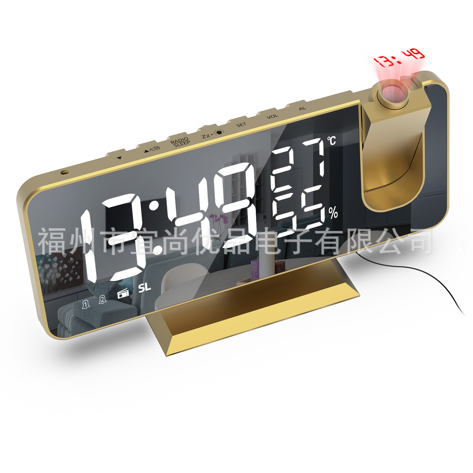 跨境专利新款收音机投影闹钟 LED大屏显示温湿度电子钟 数字闹钟图