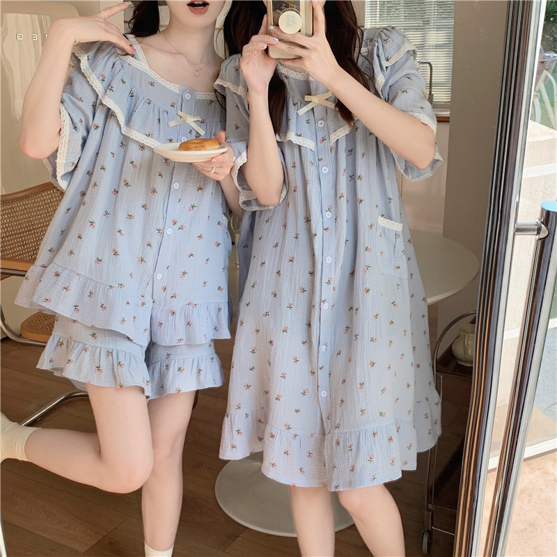 甜美韩版花边荷叶边宽松舒适小清新时尚家居服外穿短袖睡裙套装