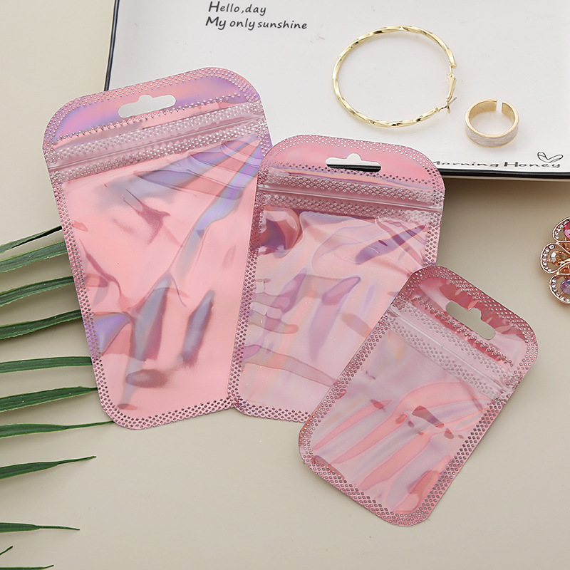 Available Semi-Transparent Flash Ziplock Bag Pink Laser Plastic Nail Makeup Tools Packaging Lock Pocket details Picture