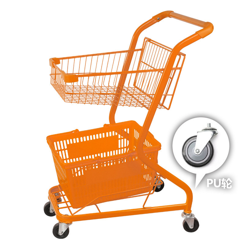 Supermarket double-layer shopping cart, claw machine, pet snack store, yellow and orange colored metal, internet-famous pink trolley Specification image
