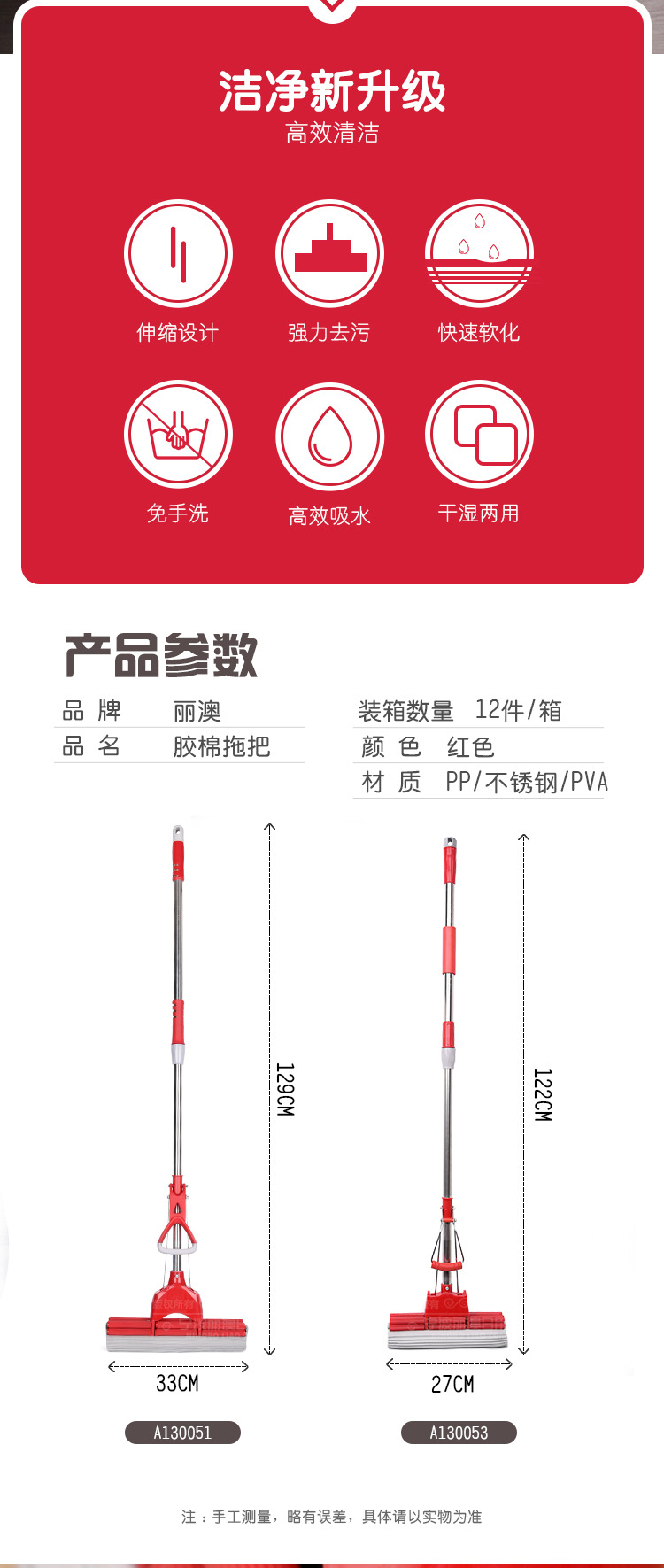 LIAO免手洗大号胶棉拖把双排滚轮海绵拖头不锈钢伸缩杆家用地拖清洁神器详情3