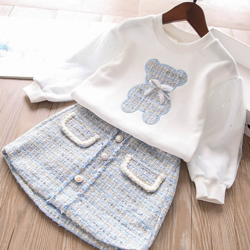 New 2024 Chanel-style hoodie, short skirt, embroidered spring children's wear, children's round-neck top and skirt details Picture