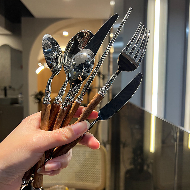 [The Boss Kept Beautiful] [Rare Yellow Pear Material] Wooden Handle 304 Stainless Steel Western Tableware Set details Picture
