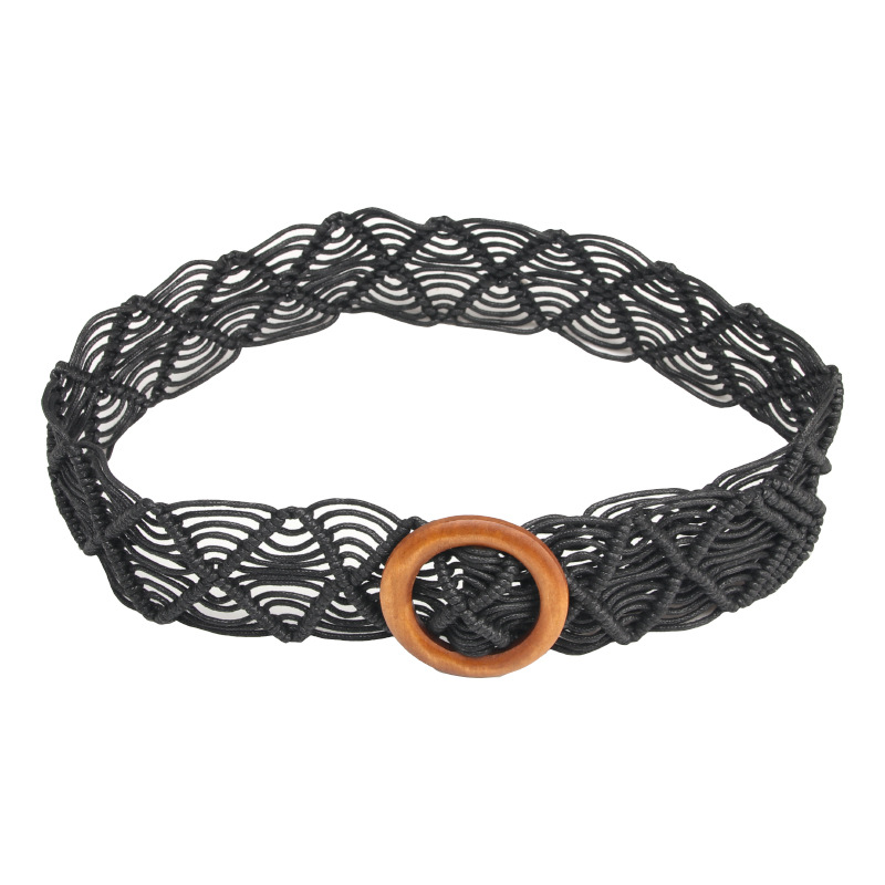 The New National Style Ladies Wax Rope Woven Belt Decorative Skirt Belt Pure Hand Woven Hollow Wood Buckle Belt Item Picture