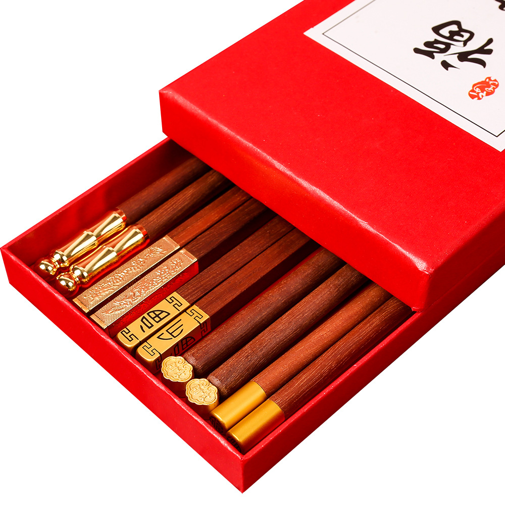 Solid wood chopsticks, household chicken wing wood and red sandalwood national trend chopsticks gift set, one chopstick per person, 5 pairs box wholesale Item Picture
