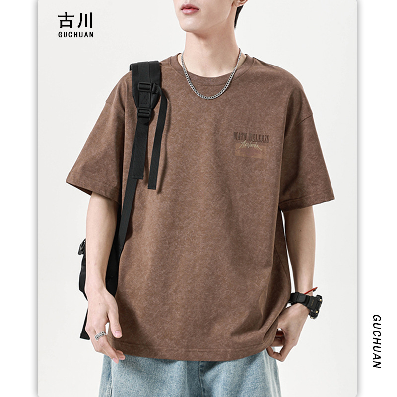 古川男装|扎染印花重磅短袖t恤日系复古男士宽松百搭套头半袖打底