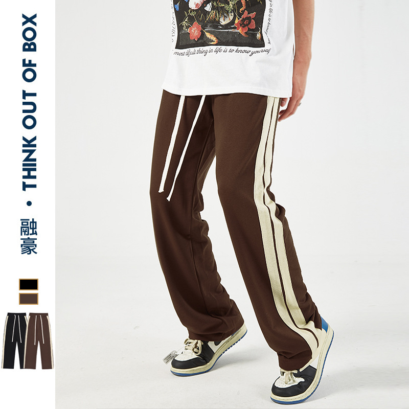 2024新款潮牌男裤条纹直筒休闲裤拼接拼色侧边抽绳宽松阔腿裤潮流