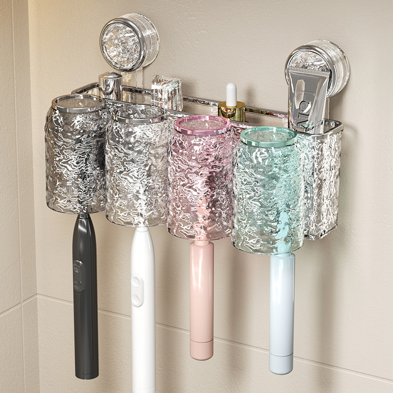 Wall-mounted mouthwash cup storage rack Perforation-free bathroom dental rack Bathroom toothpaste toothbrush suction cup storage rack Application Scenario