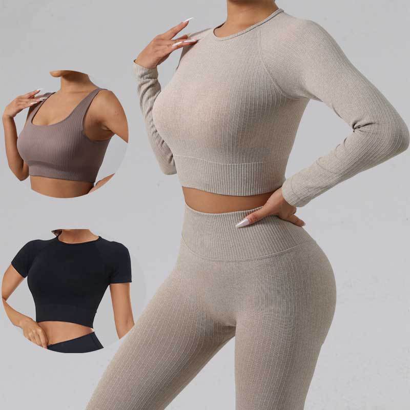 欧美纯色无缝螺纹聚拢文胸紧身运动高弹蜜桃提臀健身瑜伽套装女士