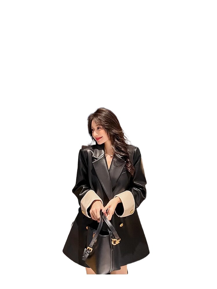 The 2024 Spring and Autumn new casual leather jacket for women features a color-blocking design. It is a Korean-style motorcycle suit and a loose small suit jacket Item Picture
