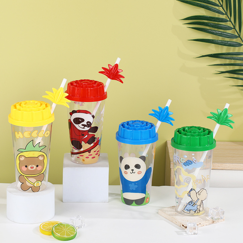 600Ml Children's Straw Cup Wholesale Cartoon Panda Ps Plastic Cup Student Baby Drink Juice Cup details Picture