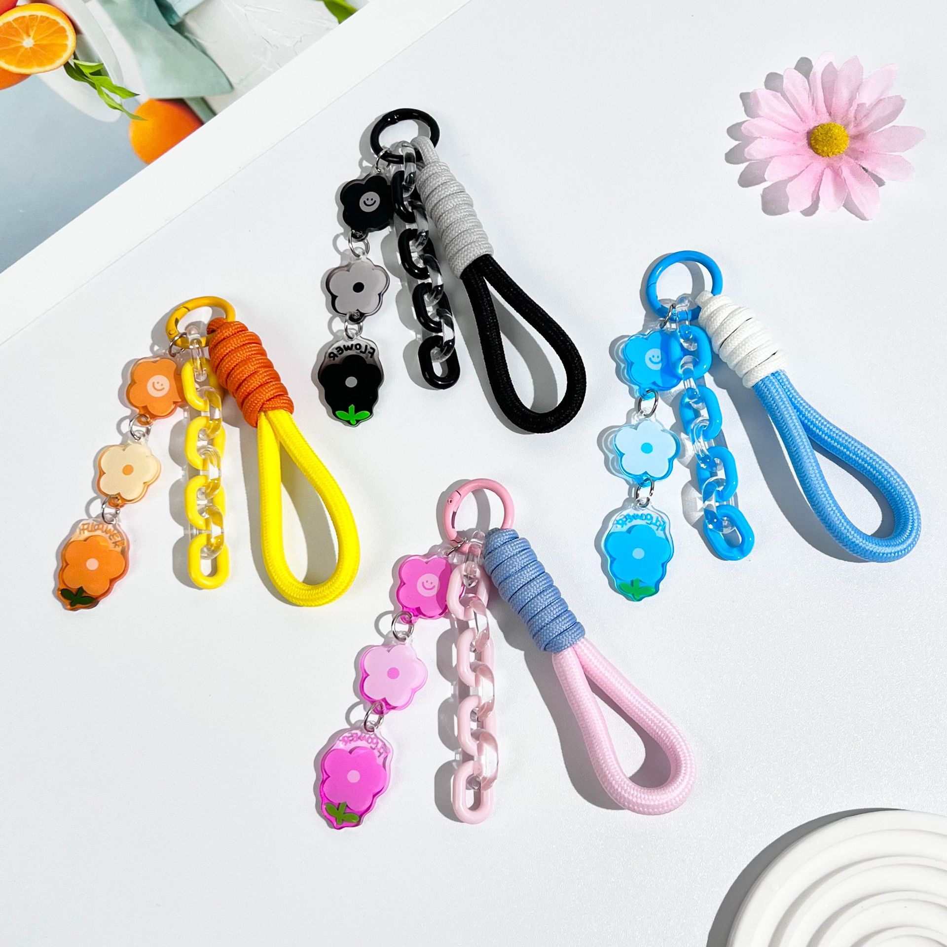Ins-style flower acrylic pendant, student key bag hanging accessory, anti-loss key chain, wholesale woven bracelet details Picture