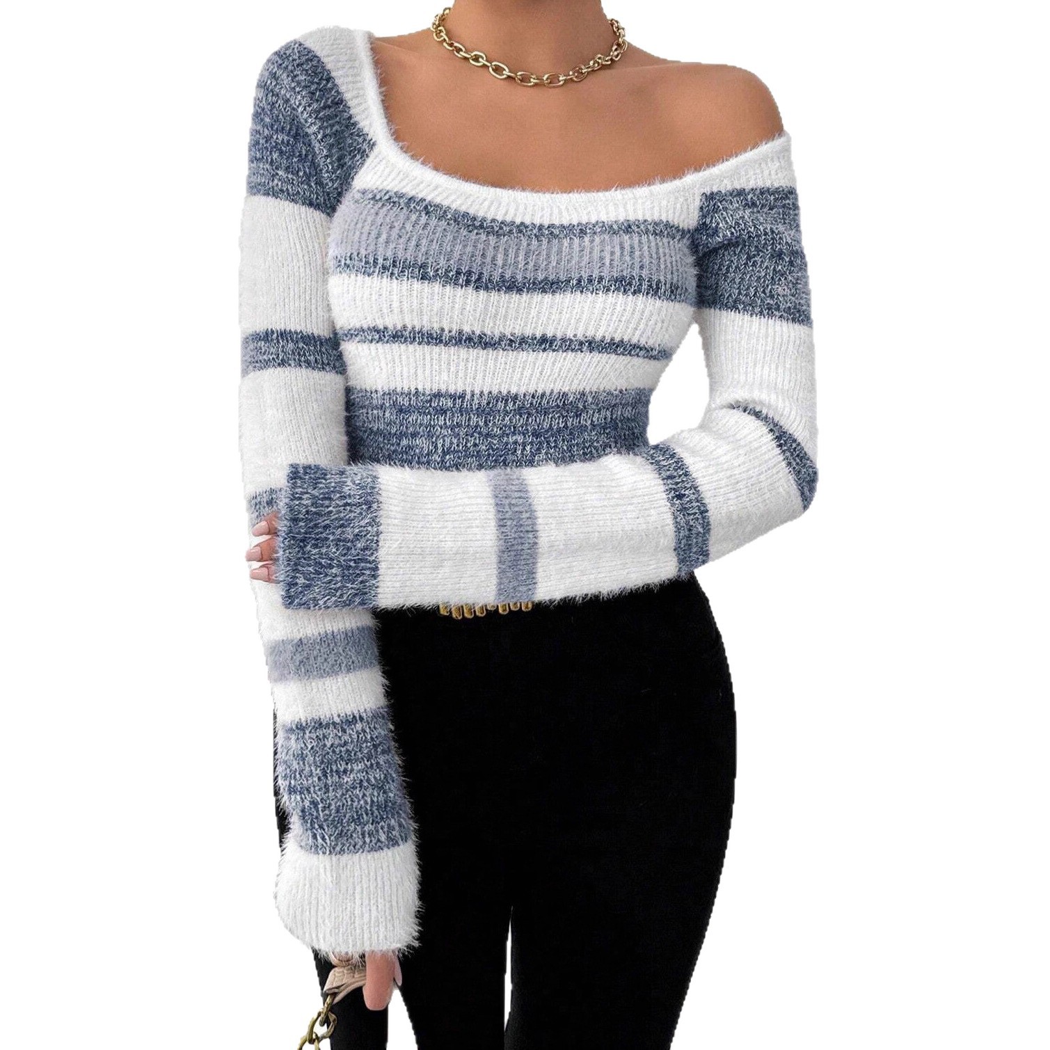 European and American cross-border slim-fit square-neck striped sweater, soft and sticky color contrast design, spicy girl style autumn and winter knitted sweater for women Item Picture