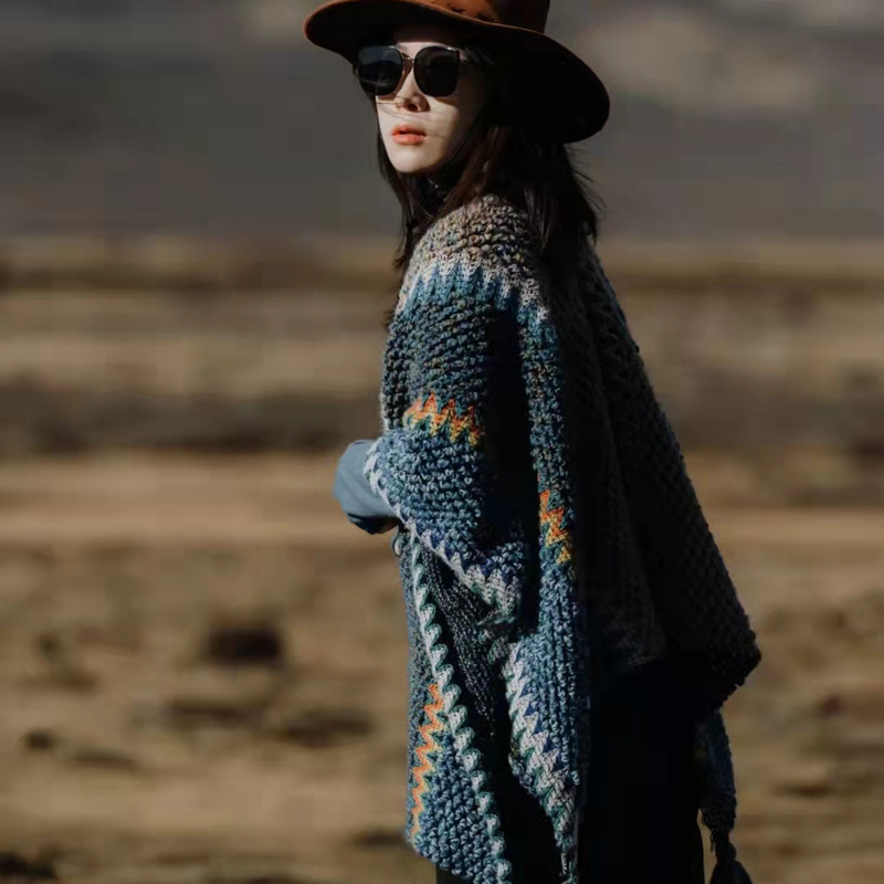Ethnic Cape Cape Knit Fall/Winter Pullover Mohair Fringe Scarf Coat Women's Long Ball Cape Specification drawing