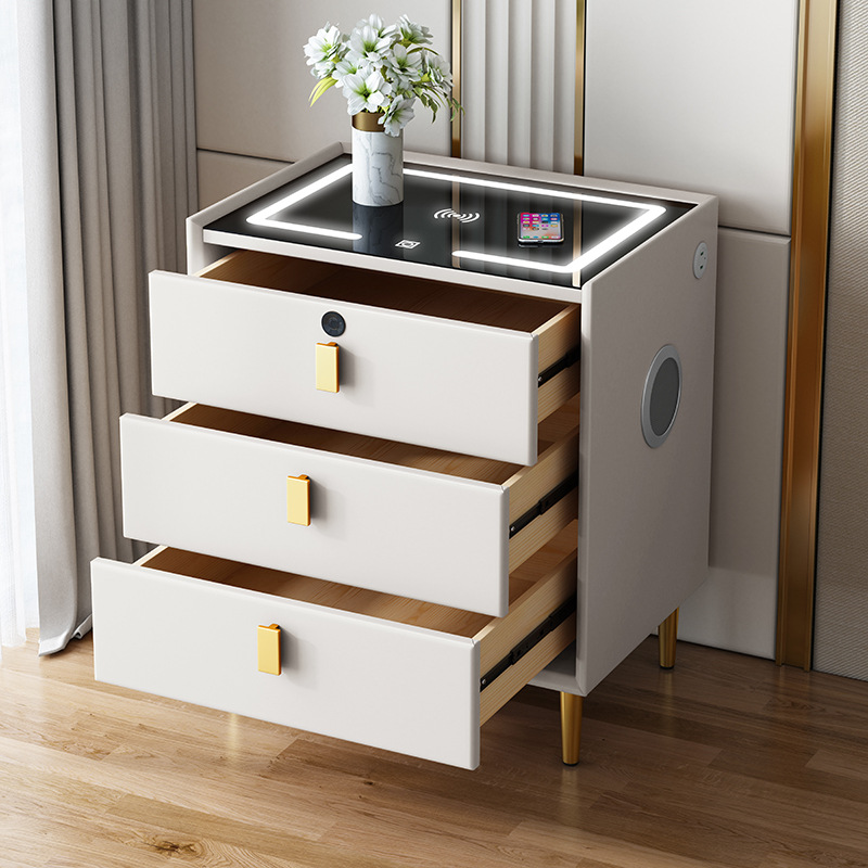 Soft bedside table, smart bedside table with light and sound system, modern and simple cabinet, cream style light luxury solid wood bedside table details Picture