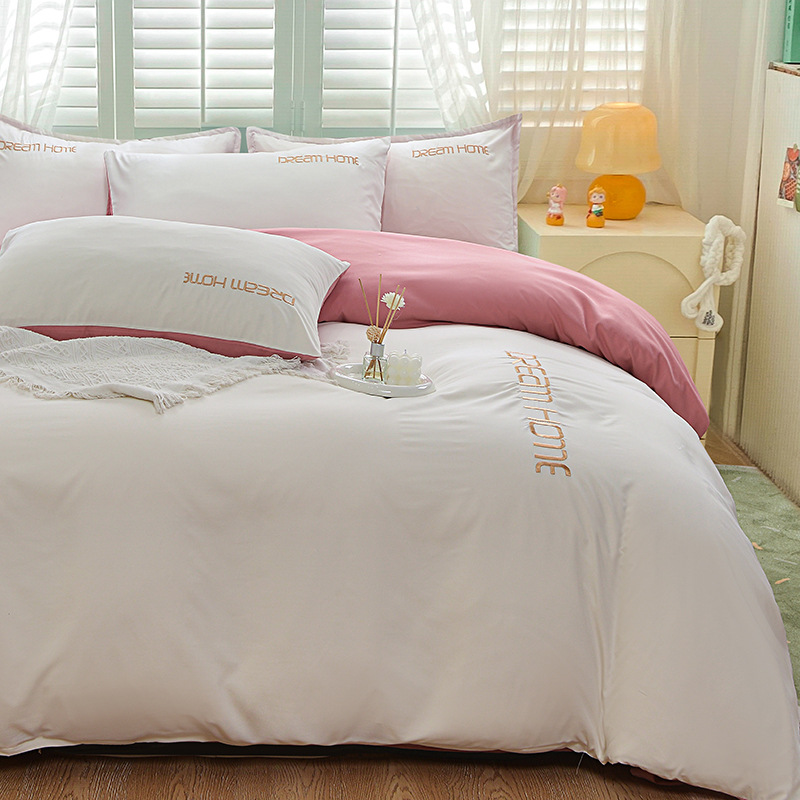 Light luxury solid color double-piece embroidered washed cotton four-piece set, cotton quilt cover, bed sheet cover, quilt cover three-piece set, student dormitory bed cap details Picture