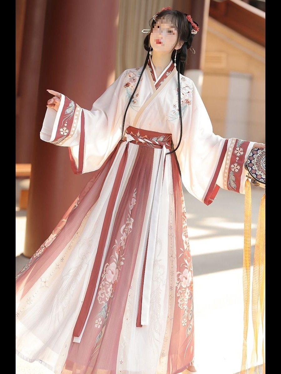 国潮晋制汉服女中国风印花交领齐腰襦裙日常古装蓝色三件套民族舞