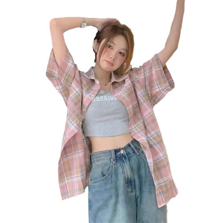 American Retro Pink Plaid Shirt Women's Summer Senior Design Sense Small Casual Short-Sleeved Shirt Item Picture