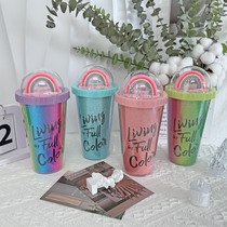 Foreign trade new summer net red rainbow plastic cup wholesale high appearance level couple plastic straw cup rainbow ice cup