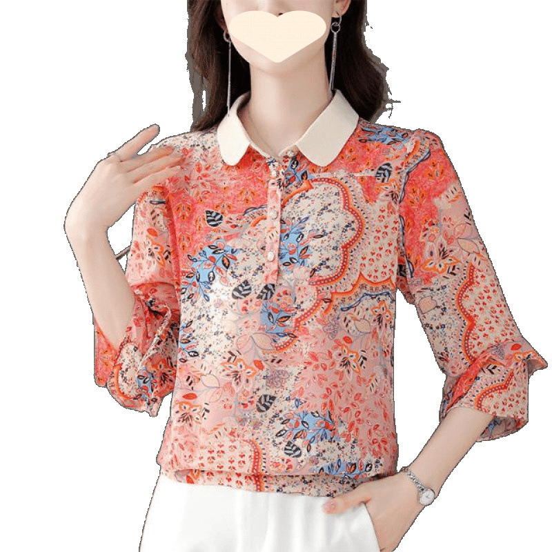 Floral print top for women, new summer loose short-sleeved T-shirt, chiffon shirt, three-quarter sleeve belly cover, middle-aged mother's shirt Item Picture