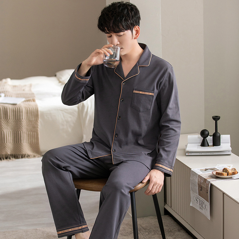 High-quality pure cotton men's pajamas for autumn and winter, new long-sleeved, high-end, simple and comfortable, large size for teenagers' home wear Specification image