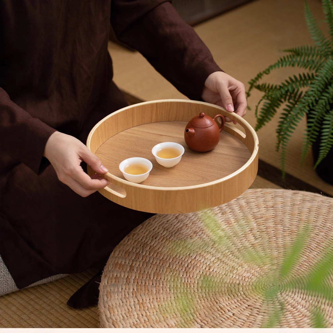 新款曲柳木圆形提手干泡台高端家用小型茶具收纳茶盘下午茶咖啡盘产品图