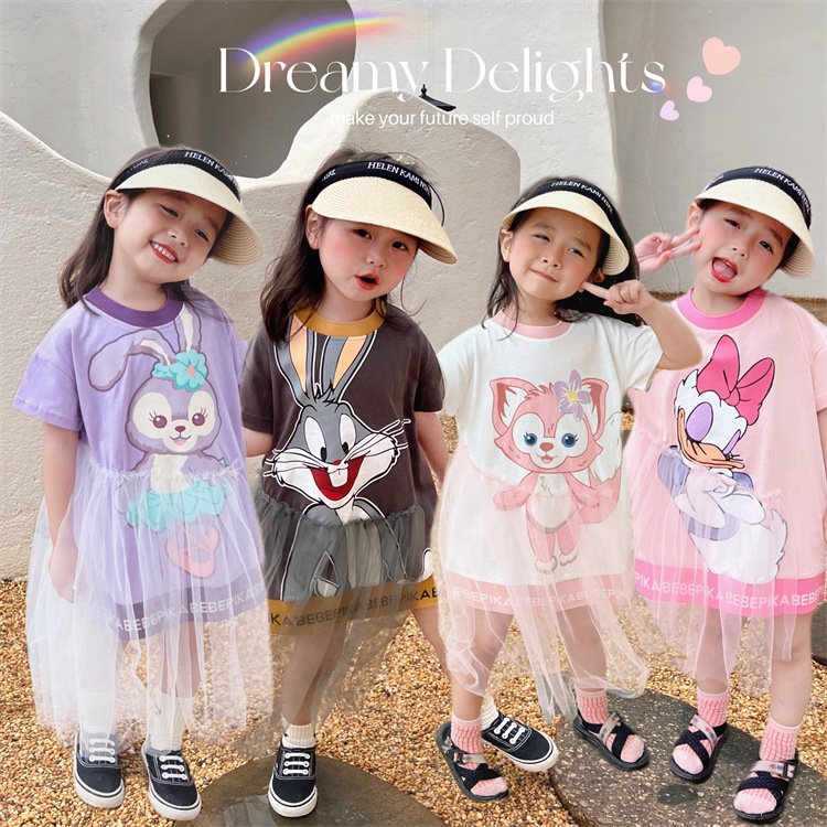 原创童装2023夏季新品星黛露卡通短袖T裙 拼接网纱女童连衣裙