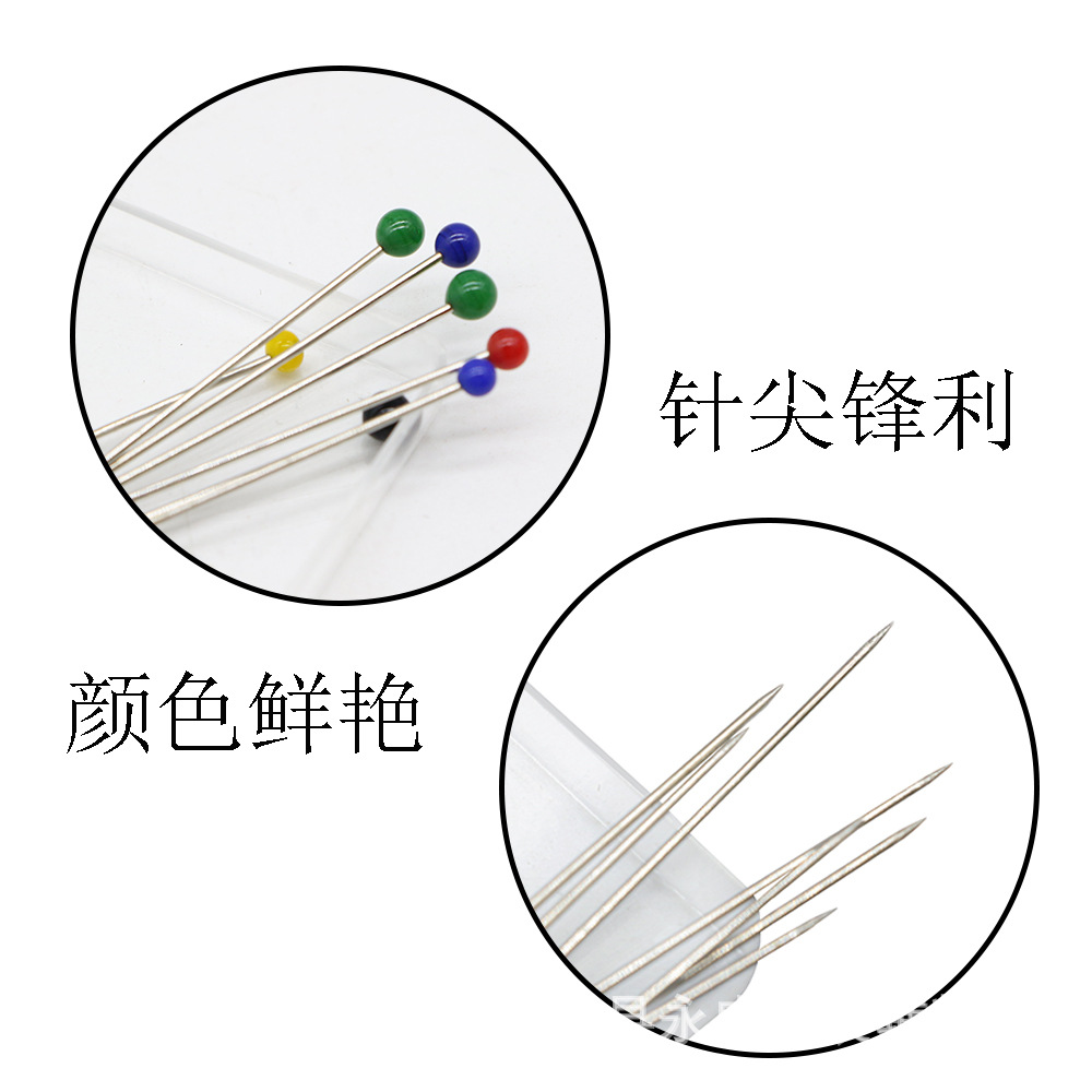 Fábrica al por mayor 0.6*32mm caja transparente aguja de cristal niquelado color beading pin para corte de ropa Item Picture