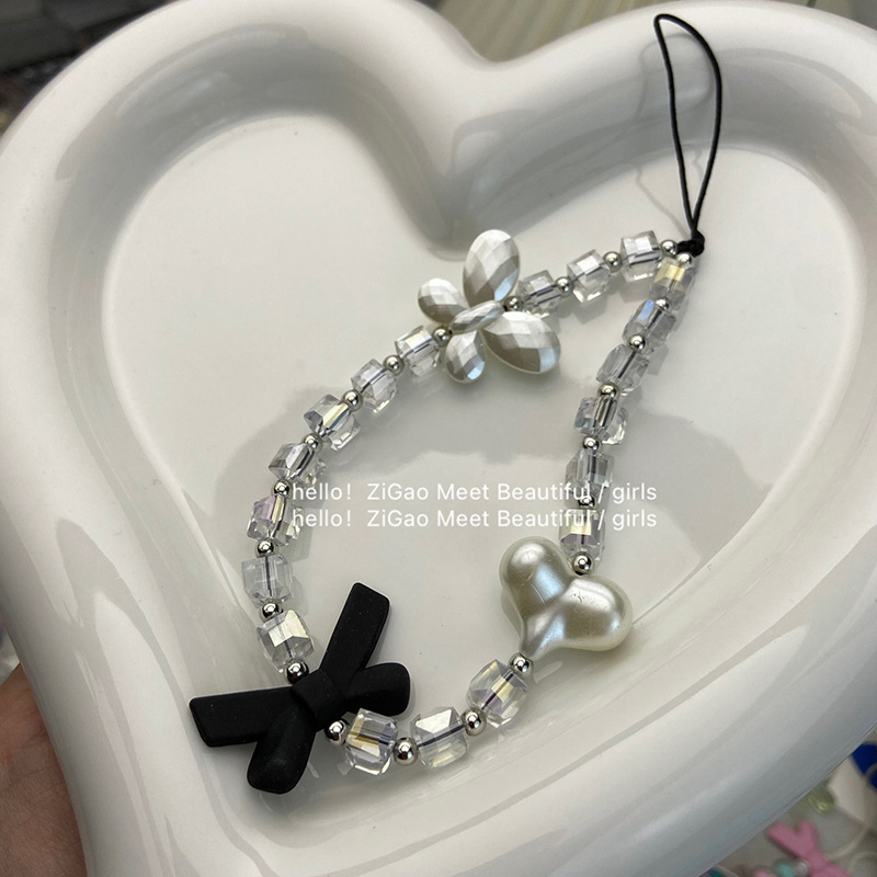 Creative Butterfly Love Mobile Phone Chain Black Bow Mobile Phone Case Pendant Plastic Square Beaded Mobile Phone Lanyard
