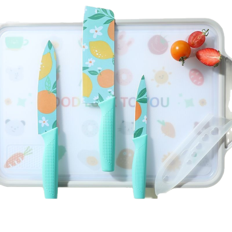 Printed orange stainless steel knife with blue handle, thickened and sharp kitchen tools for cutting vegetables and slicing, gift set Item Picture