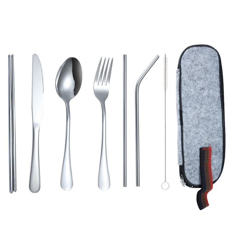 Amazon's best-selling 1010 stainless steel portable tableware 7-piece set, bagged camping colorful knife, fork, spoon and straw set Item Picture