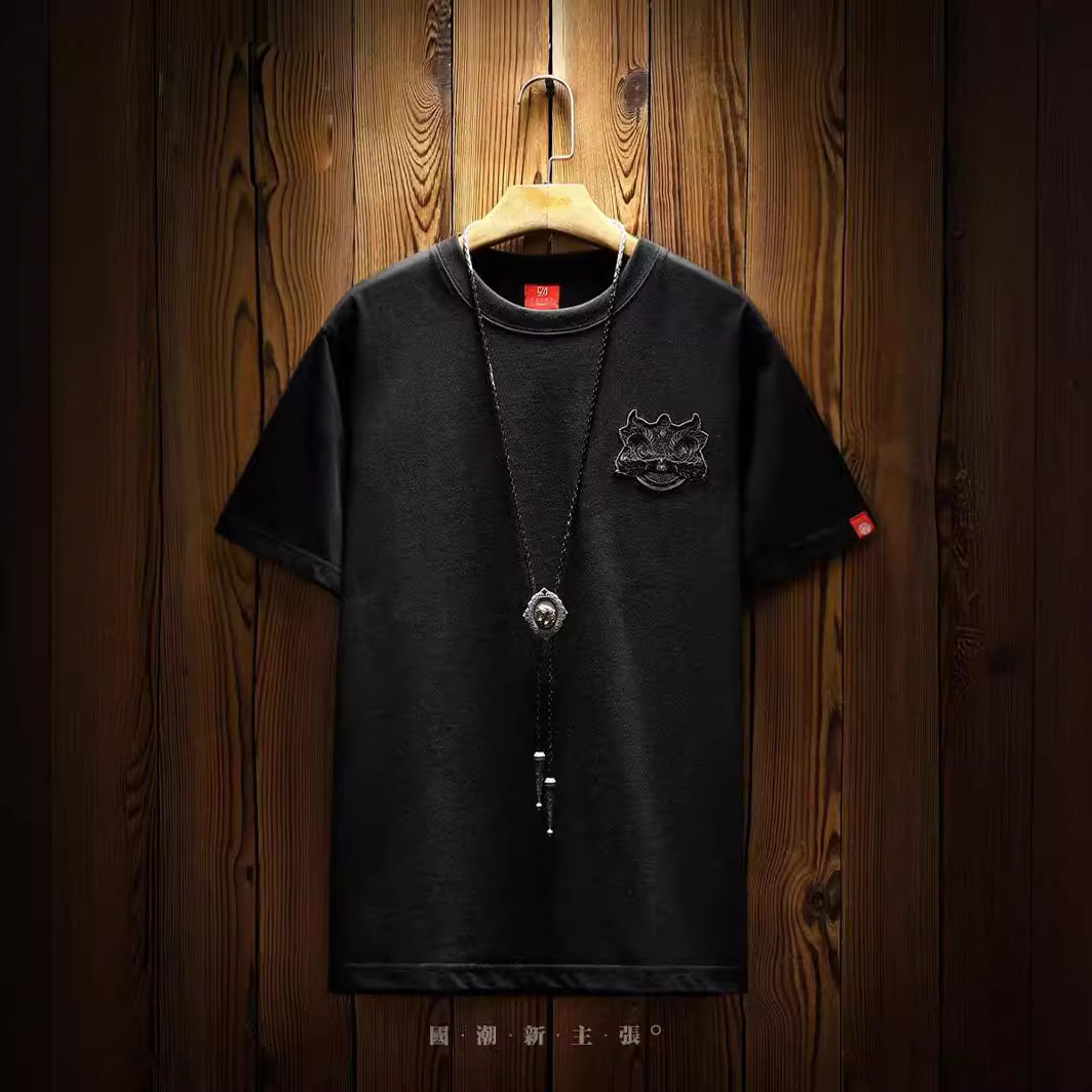 Summer trendy brand, Chinese style, heavy industry, Qilin embroidery, short-sleeved T-shirt, men's niche trend, Chinese style, half-sleeved T-shirt details Picture