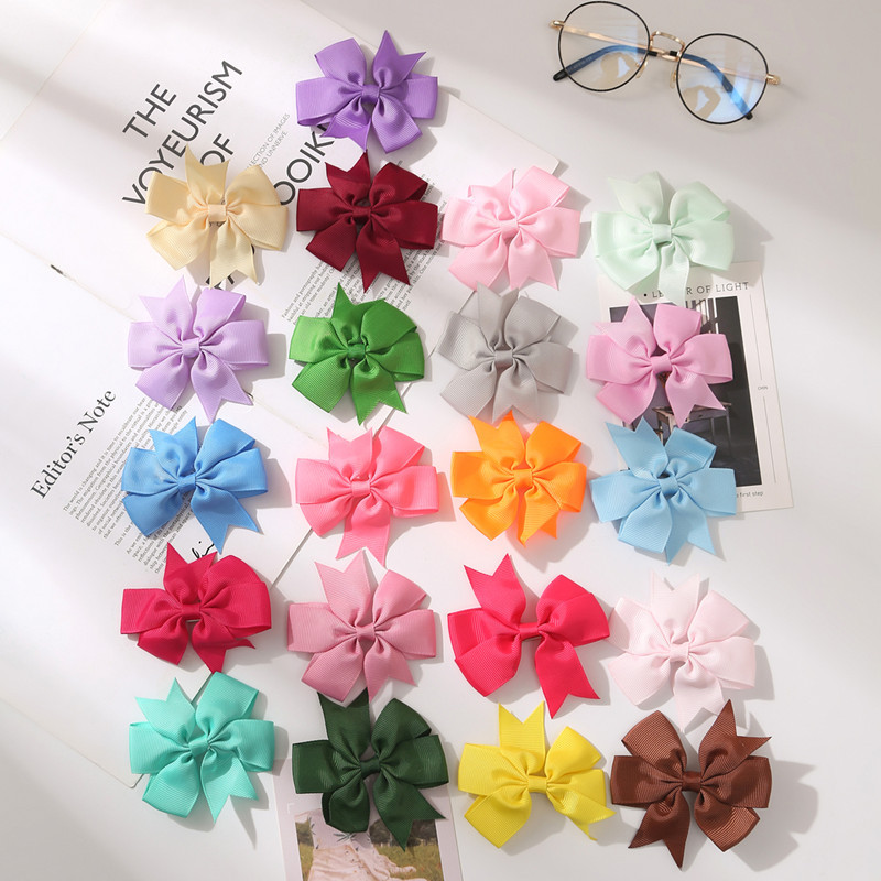Children's Hair Clip 20 Colors Amazon Hot Selling Solid Color Ribbed Hair Clip With Fishtail Bow Hair Accessories Children's Headwear