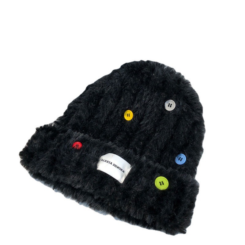 Hat For Women Autumn-Winter Thickened Furry Knit Hat With Colored Buttons Imitation Fur Woolen Hat Item Picture