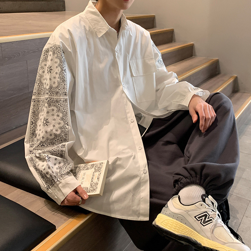 A very ethereal shirt, a cool and stylish men's outfit, a casual and ascetic style, a Korean-style trendy, Japanese-style solid-color long-sleeved shirt