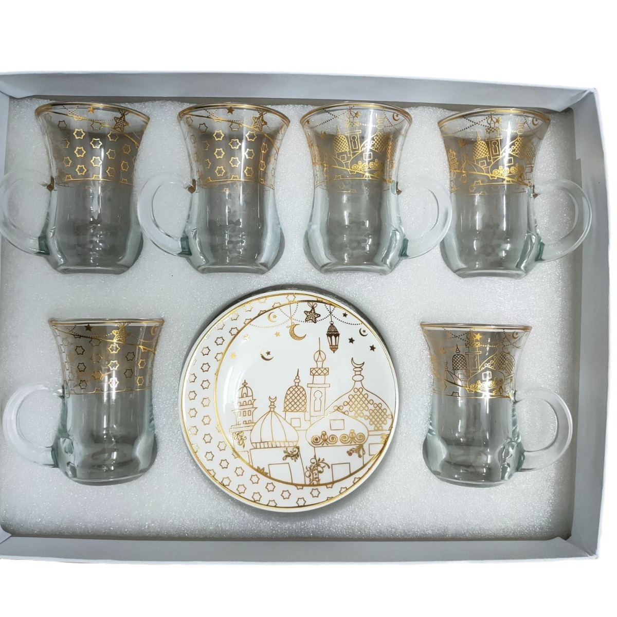 Copa de dedo de vidrio 6 tazas 6 platos tazas de té juego de juegos de té copas de vino de oro tazas de café copas de agua de vidrio jarrón de castillo de oro al por mayor Item Picture
