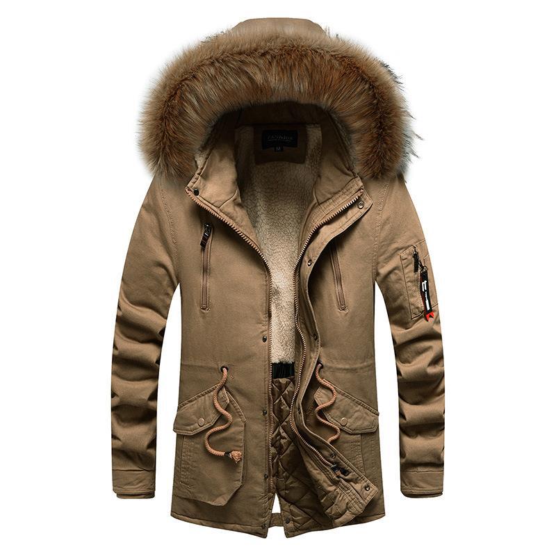 Men's trendy cotton-padded jacket for export, with a woolen collar, thickened fleece, washed coat, winter casual hooded warm cotton-padded jacket, mid-length style