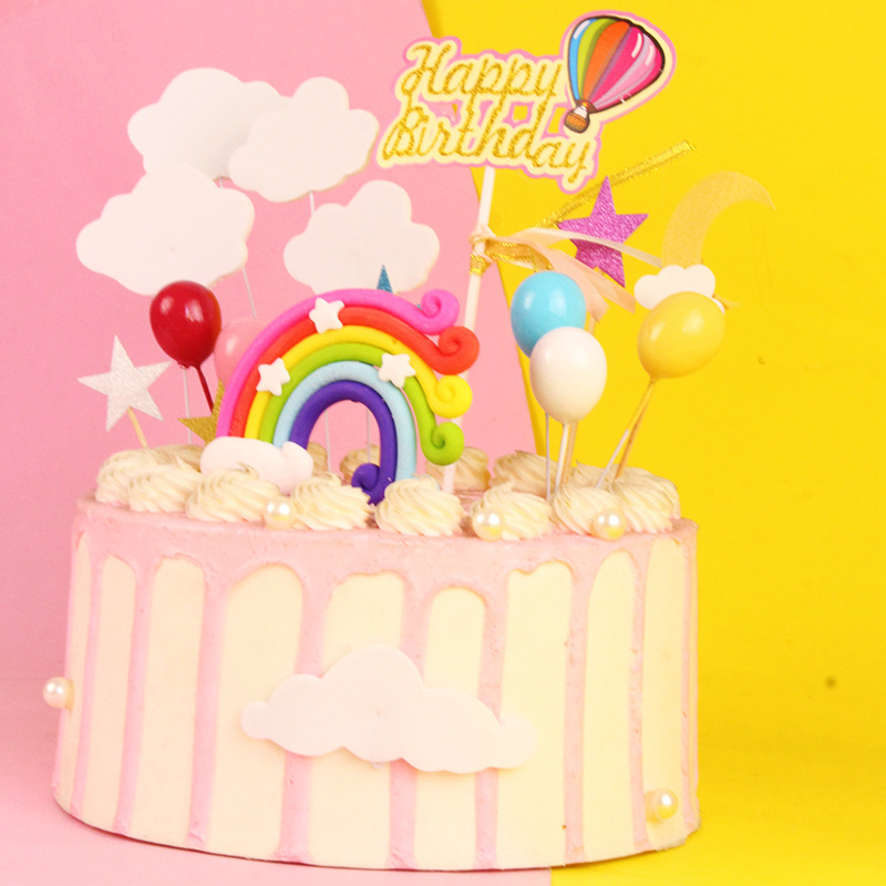 Amazon Aliexpress Party Birthday Cake Decoration Set Polymer Clay Rainbow Cake Card Birthday Cake Plug-In Application Scenario