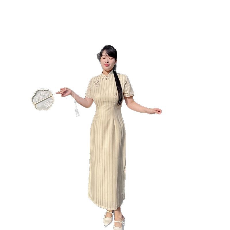 56146 French Summer Cheongsam 2025 New Style, everyday style, striped retro retro young cheongsam from the Republic of China era, large size Item Picture