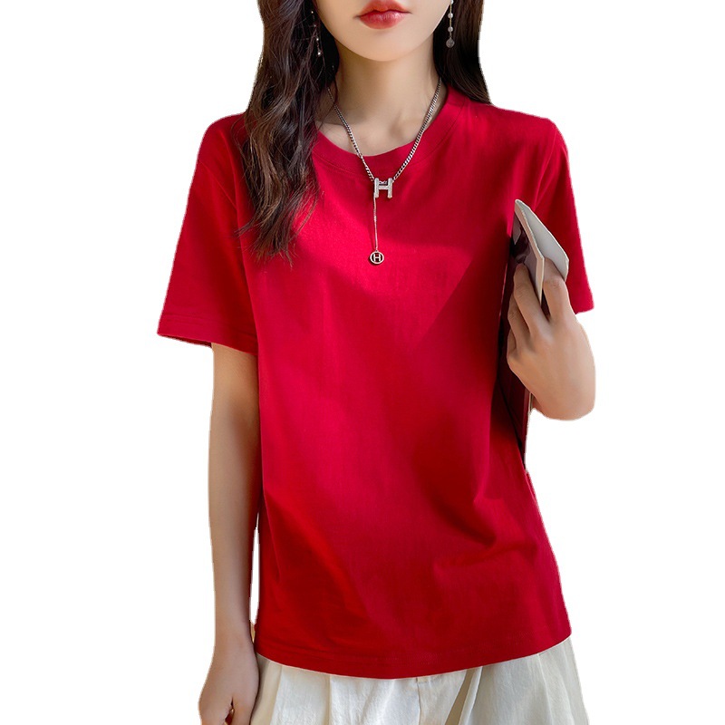 Camiseta de manga corta de hilo de algodón mujer cuello redondo manga larga casual bifurcación camiseta verano nuevo trendy Item Picture