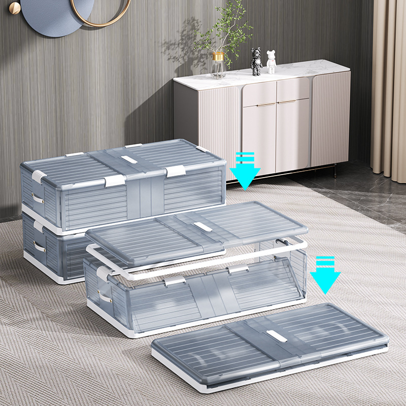 Household foldable storage box with cover, underbed clothes and quilts organization and storage box, wheeled bedroom classification storage box Application Scenario