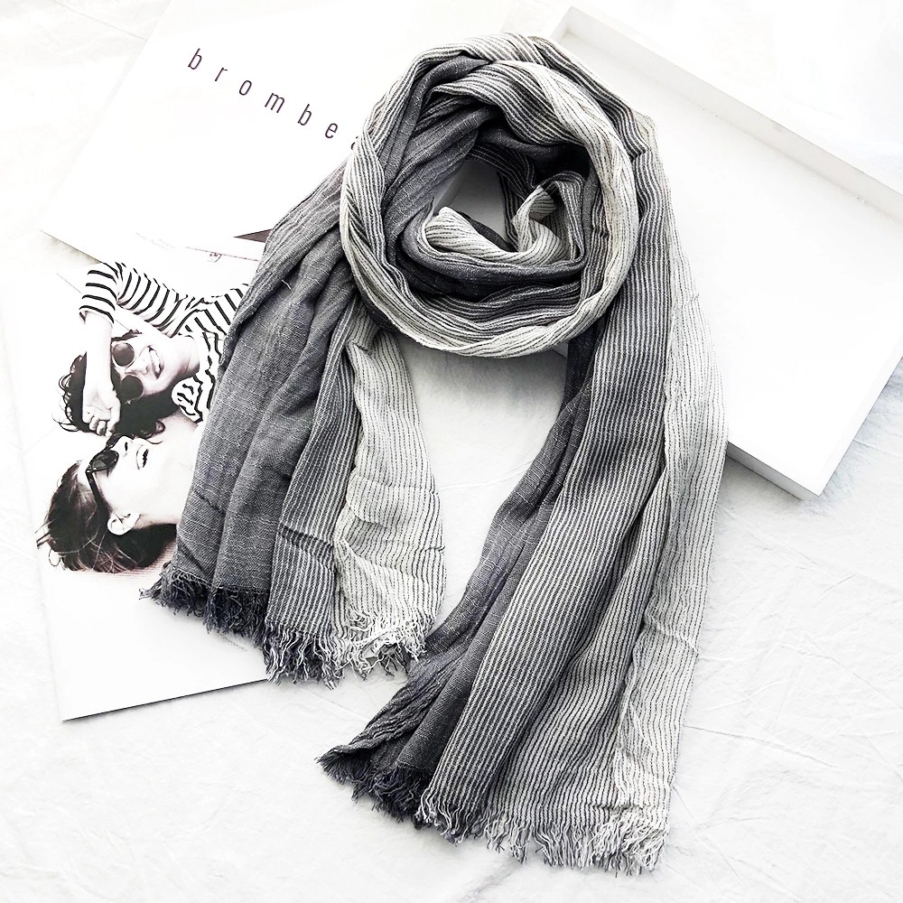 Cross-border shawl, striped cotton and linen scarf, new Spring and autumn style, artistic men's natural wrinkled silk scarf, women's support small order customization Specification image