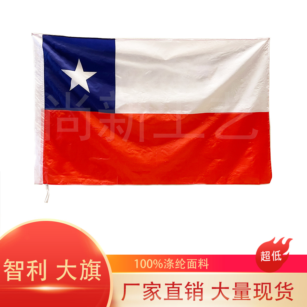 跨境现货3*5ft智利大旗90*150cm智利国旗球迷涤纶丝印可穿旗杆