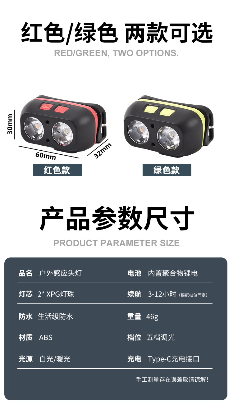 跨境专供黄白双光源强光头灯超强待电钓鱼头戴式电筒长续航感应灯详情13