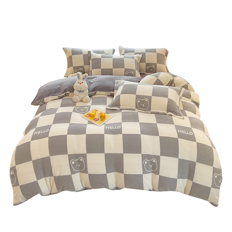 Milk velvet four-piece set for winter warmth, thickened coral velvet quilt cover, double-sided fleece flannel bed sheet three-piece set Item Picture